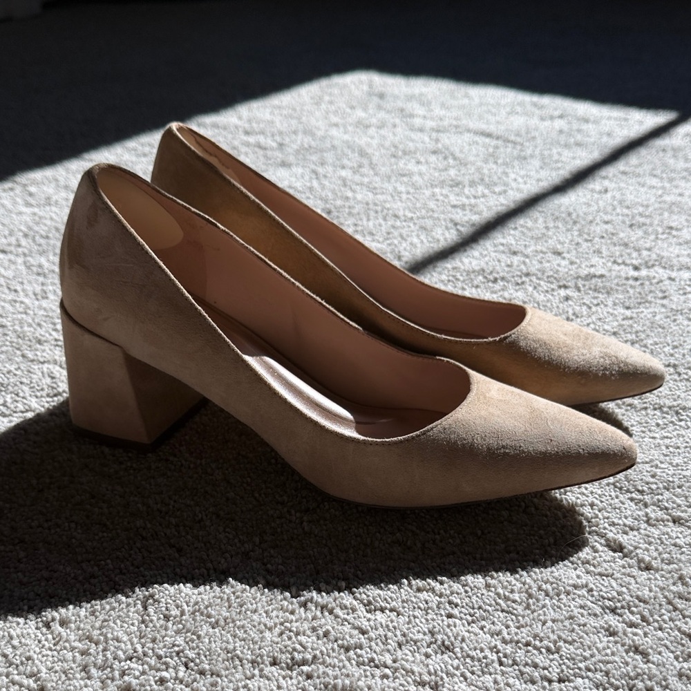 Cole Haan Pointed Block Heel Pumps in Beige